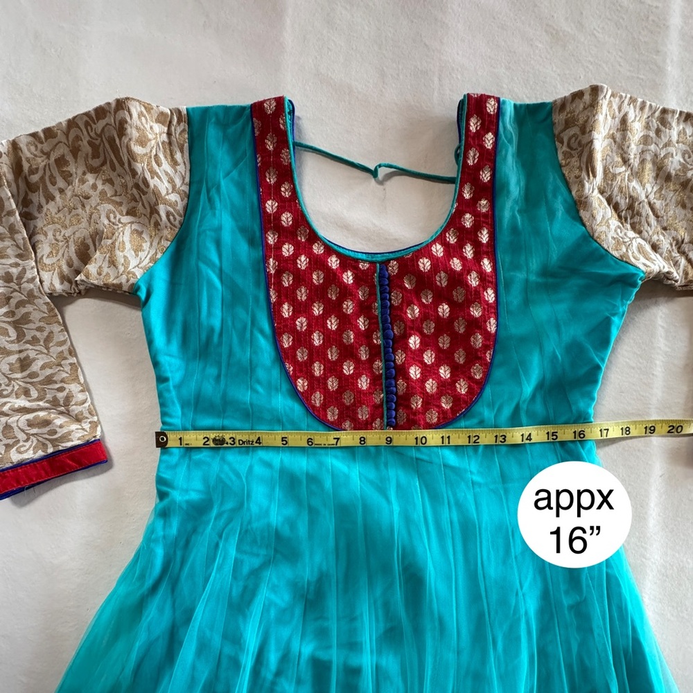 Turquoise Anarkali Pullover Dress with Red & Multicolor Embroidered Hem (Sm~Med) - Picture 8 of 17